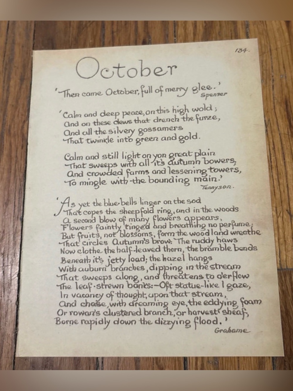 Vintage 'October' Calligraphy Poem Wall Art - Cream & Black 1977 9x7